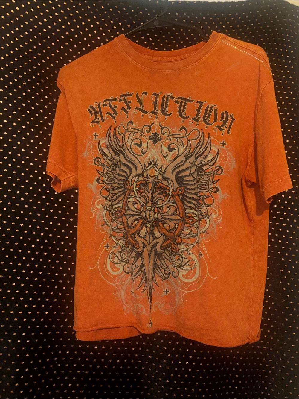 Affliction Orange Short Sleeve Graphic Tee with Winged Cross Motif